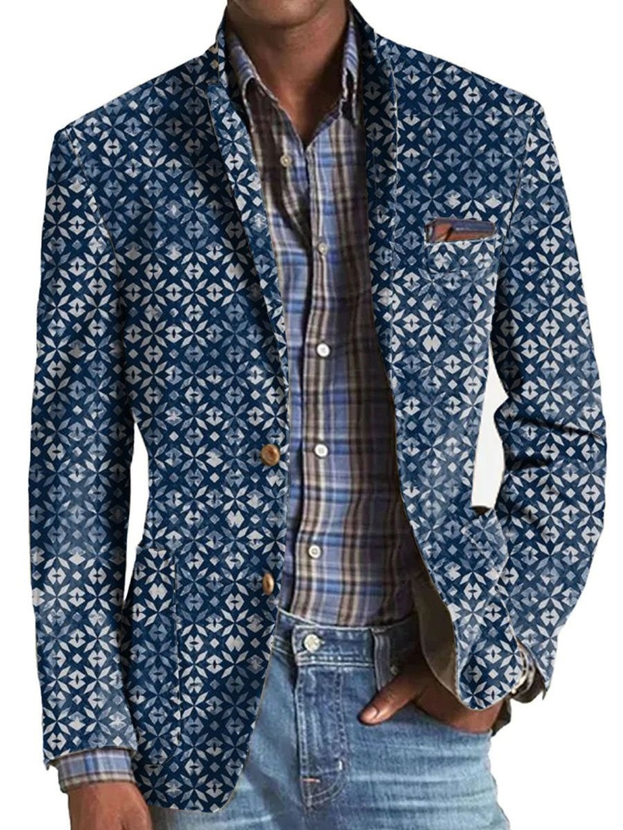 Men DJ Print Jacket | Retro Tie-Dye Geometric Print 3-Pocket Casual Blazer Navy