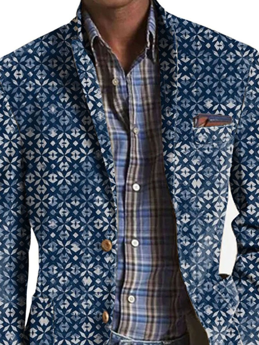 Men DJ Print Jacket | Retro Tie-Dye Geometric Print 3-Pocket Casual Blazer Navy