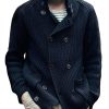 Men DJ Cardigan | Solid Color Double Pocket Double Breasted Stand Collar Knitted Cardigan Navy