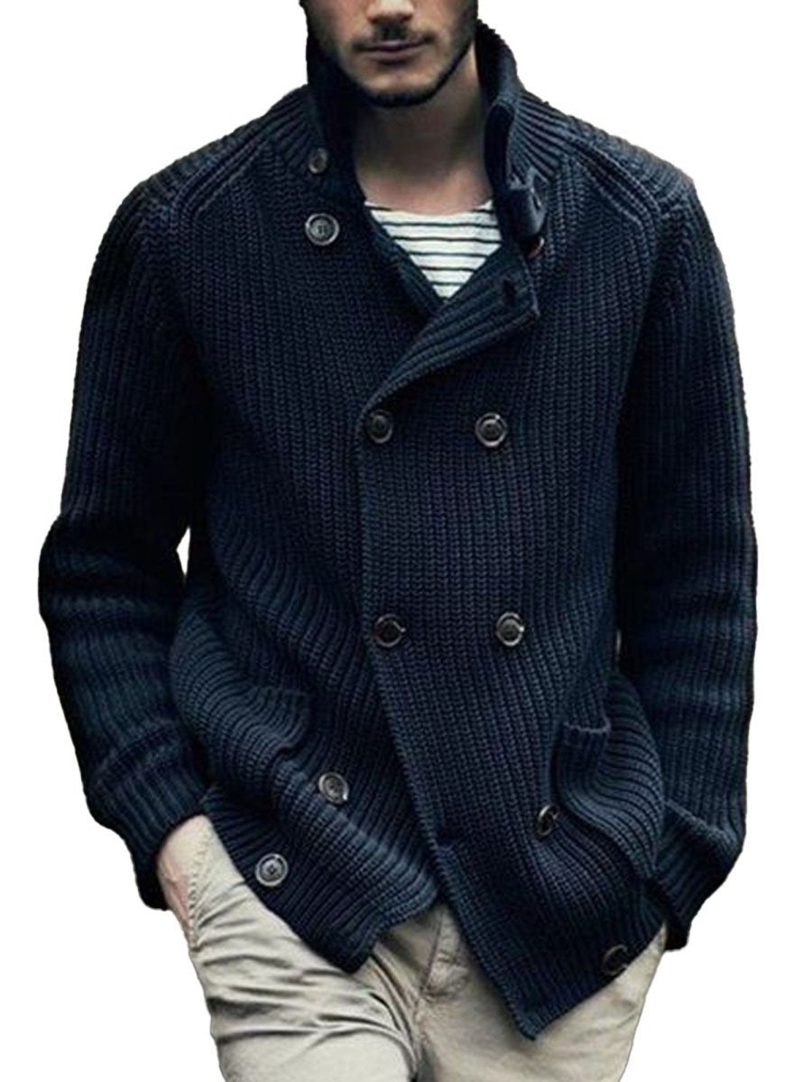 Men DJ Cardigan | Solid Color Double Pocket Double Breasted Stand Collar Knitted Cardigan Navy