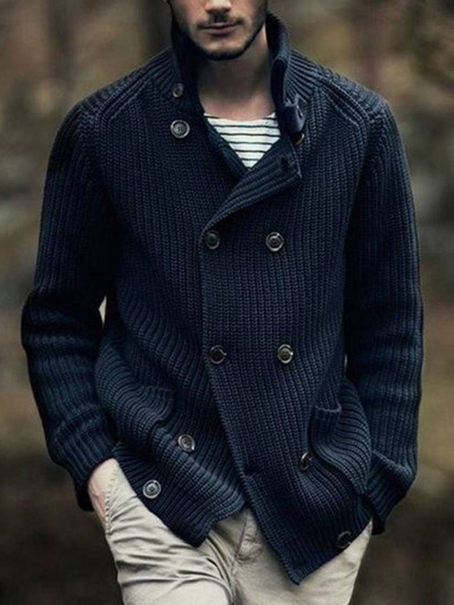 Men DJ Cardigan | Solid Color Double Pocket Double Breasted Stand Collar Knitted Cardigan Navy