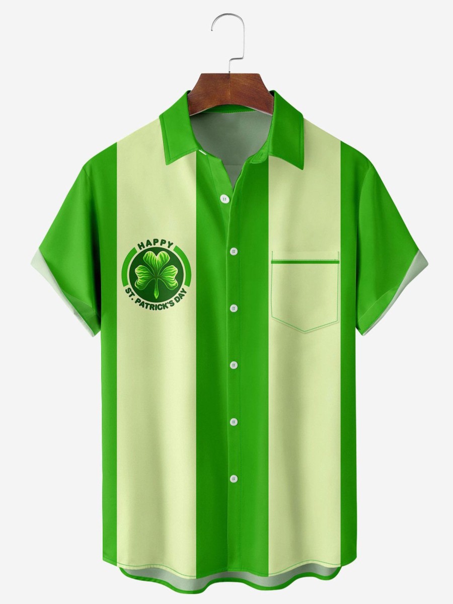 Men TH Shirts | St. Patrick'S Day Chest Pocket Short Sleeve Bowling Shirt Green