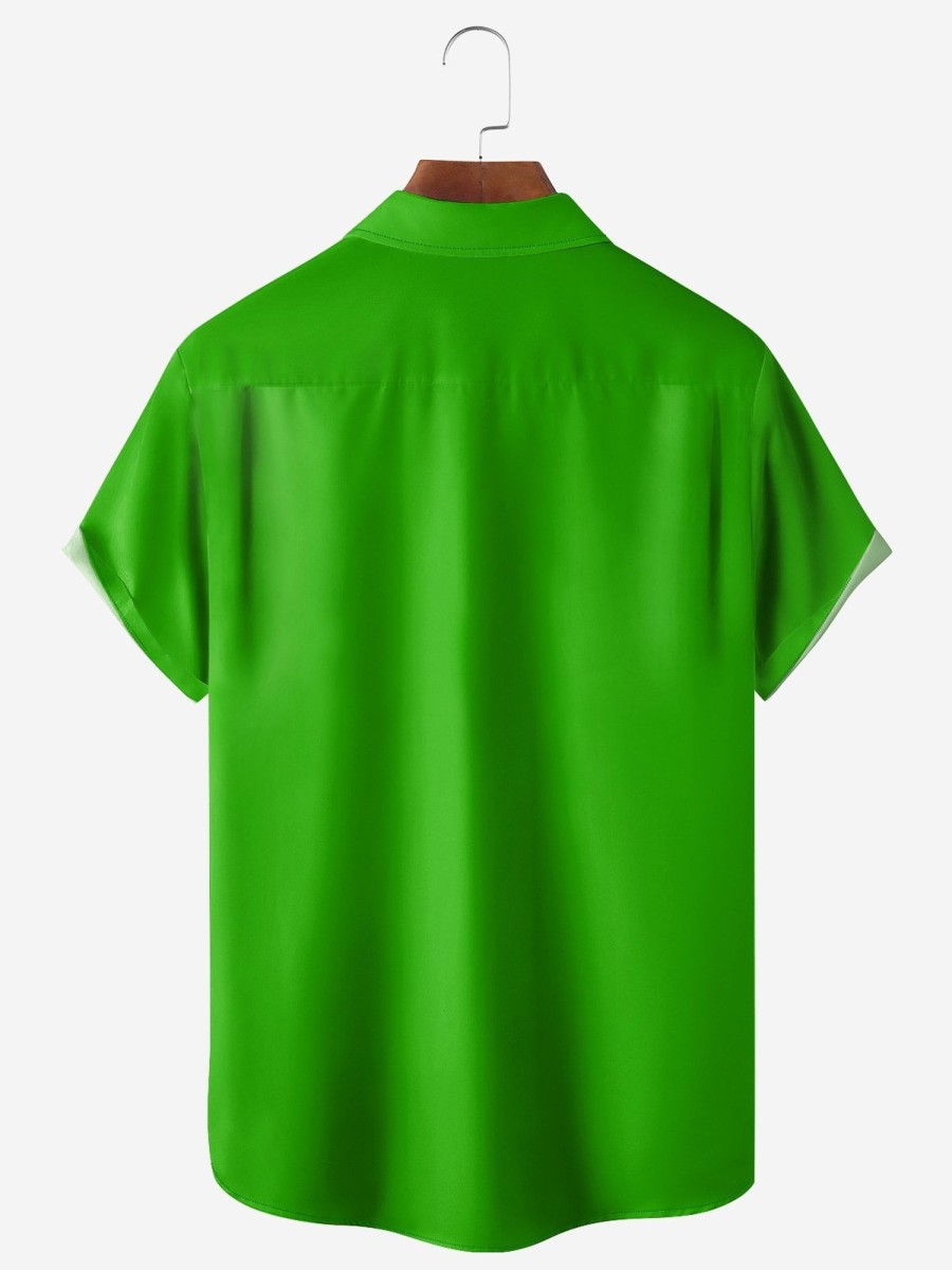 Men TH Shirts | St. Patrick'S Day Chest Pocket Short Sleeve Bowling Shirt Green