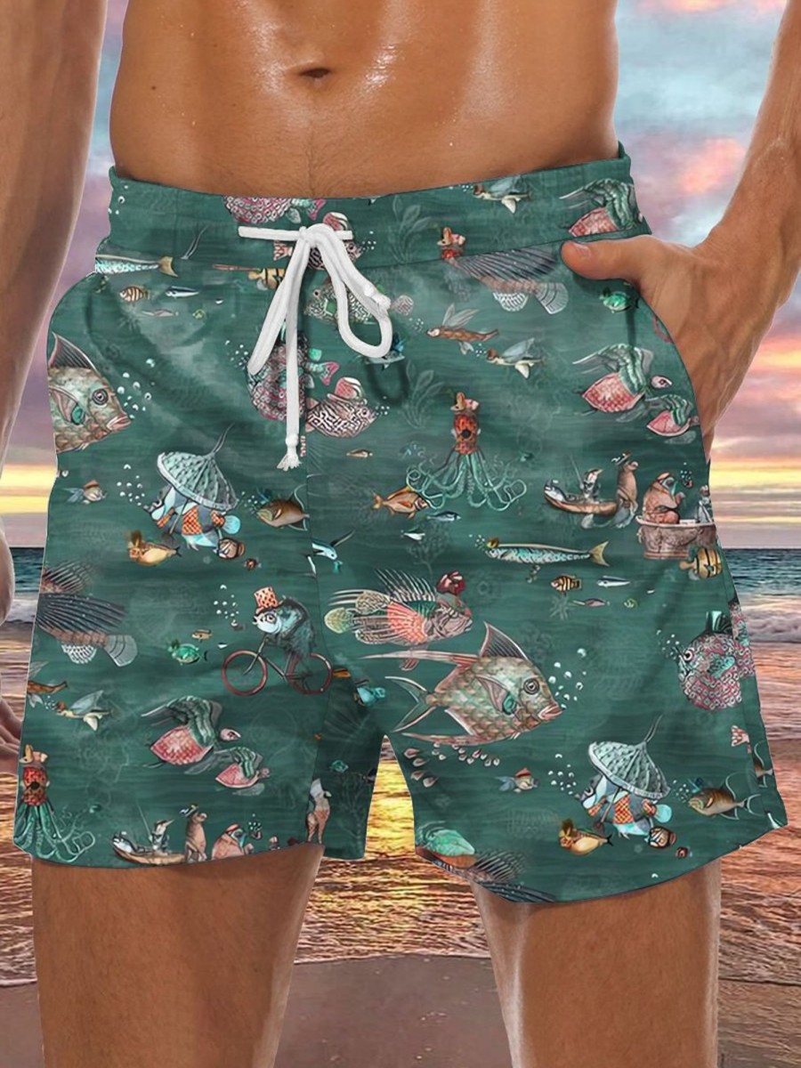 Men DJ Bottoms | Retro Sea Life Print Pocket Lace Up Lounge Shorts