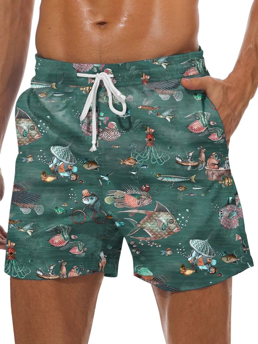 Men DJ Bottoms | Retro Sea Life Print Pocket Lace Up Lounge Shorts