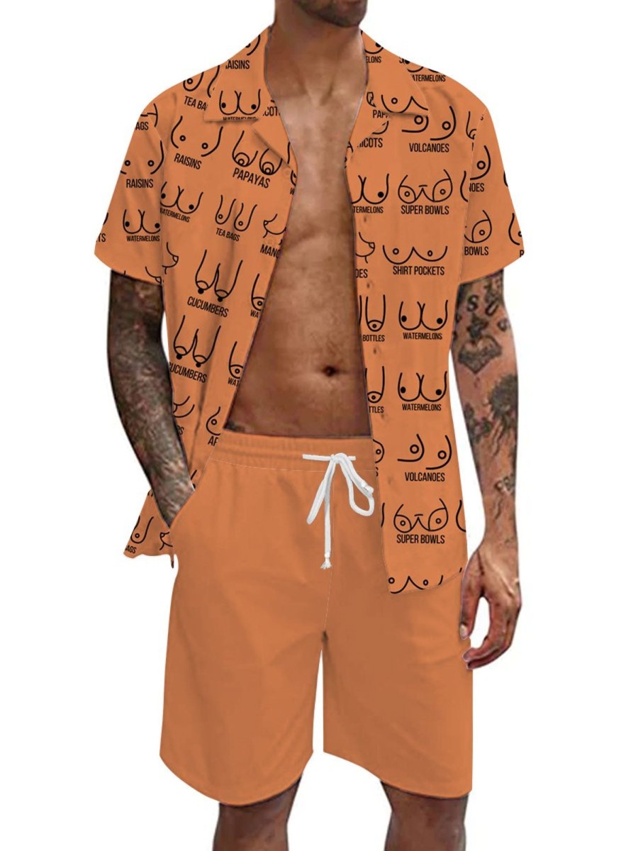 Men DJ Set | Boobs Print In Various Shapes Short Sleeve Shirt And Shorts Two Piece Set Caramel