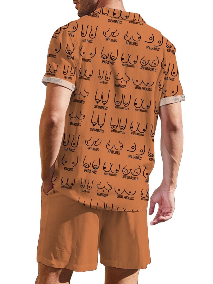 Men DJ Set | Boobs Print In Various Shapes Short Sleeve Shirt And Shorts Two Piece Set Caramel