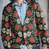 Men DJ Print Cardigan | Retro Rose Skull Print V-Neck Knitted Cardigan Photo Color