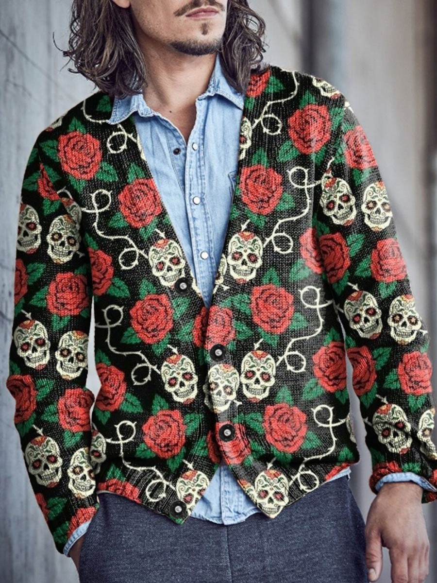 Men DJ Print Cardigan | Retro Rose Skull Print V-Neck Knitted Cardigan Photo Color