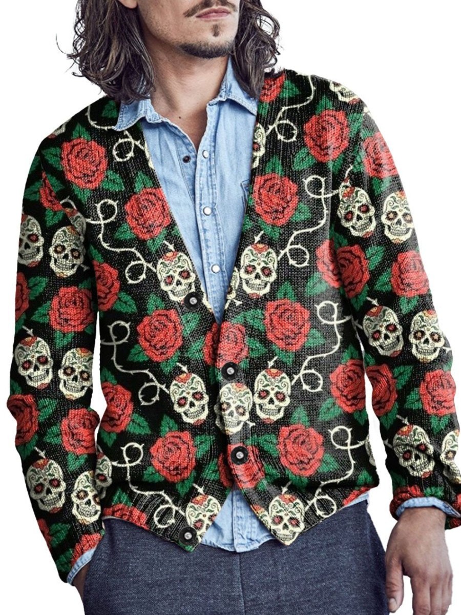 Men DJ Print Cardigan | Retro Rose Skull Print V-Neck Knitted Cardigan Photo Color