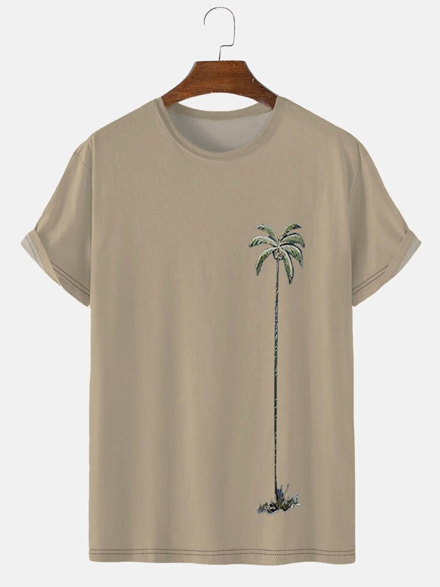 Men HLJ T-Shirts | Men'S Coconut Tree Cozy Casual Short Sleeve T-Shirt Khaki