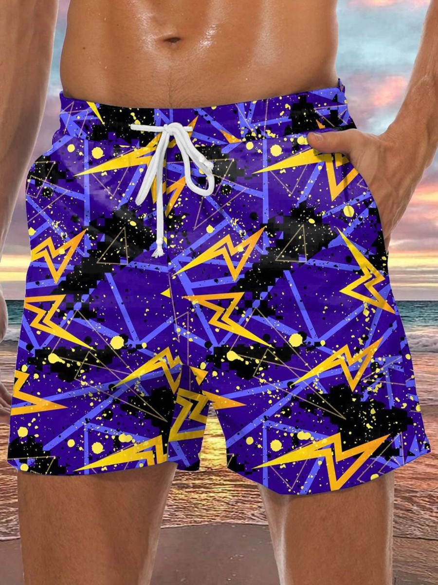 Men GYJ Shorts | Bright Lightning Print Casual Shorts Purple