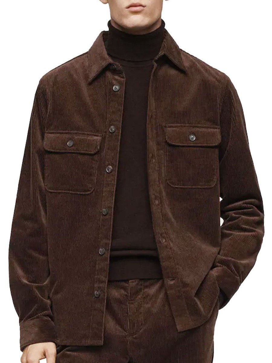 Men BXL Jacket | Men'S Vintage Solid Color Corduroy Pocket Shirt Jacket Brown