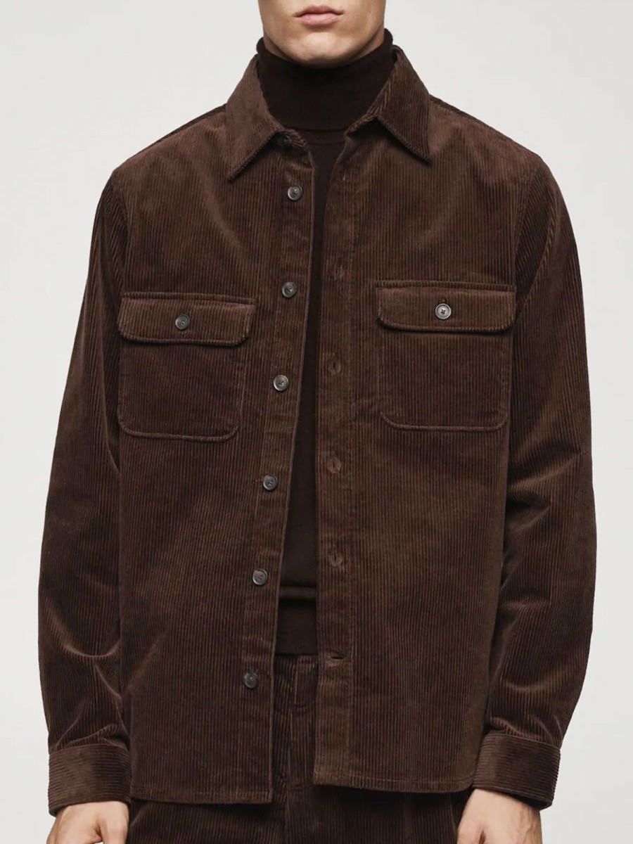 Men BXL Jacket | Men'S Vintage Solid Color Corduroy Pocket Shirt Jacket Brown