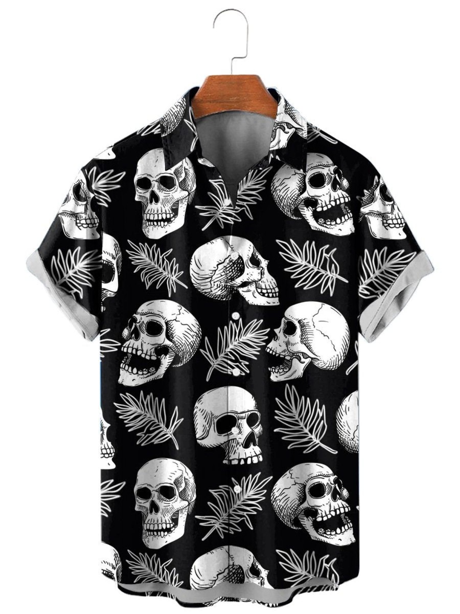 Men HLJ Shirts | Men'S Hawaiian Character Skull Print Short Sleeve Shirt Black