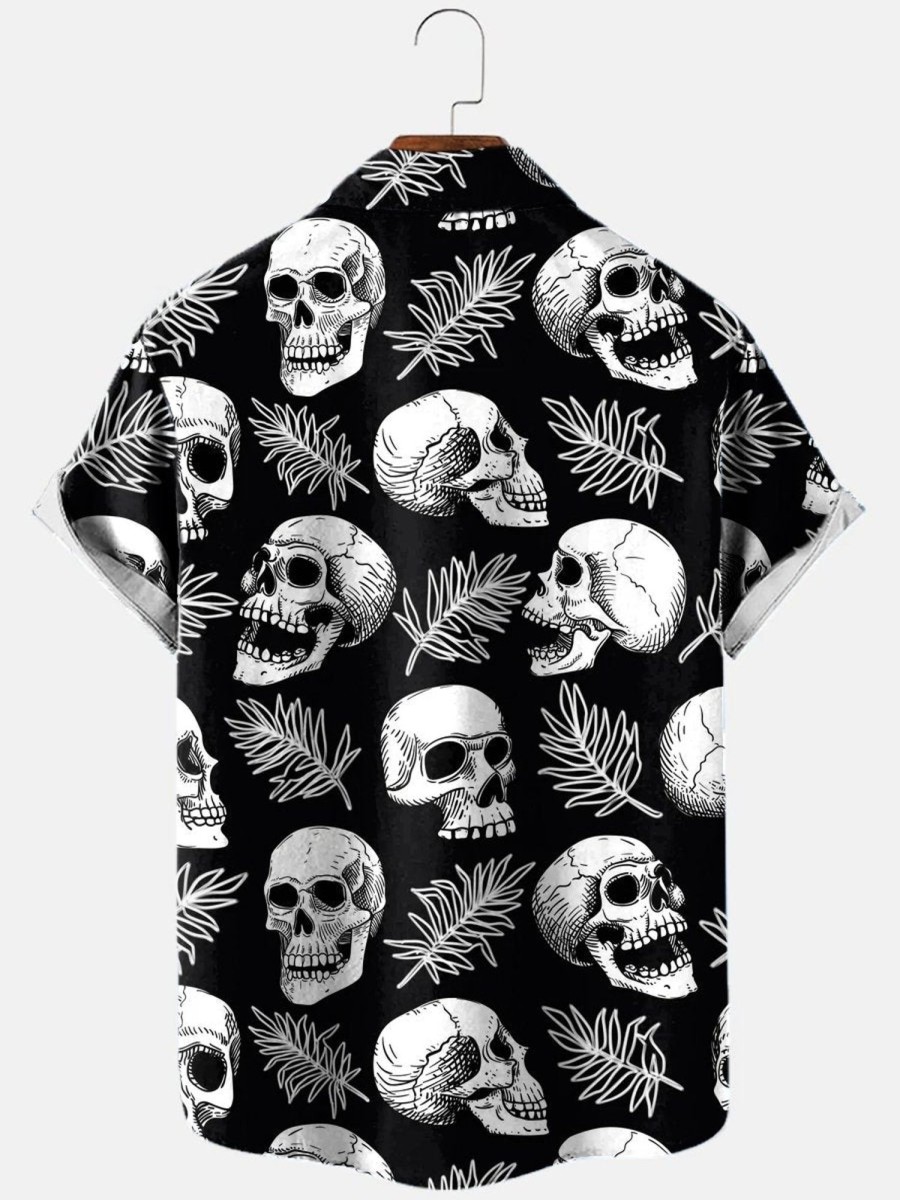 Men HLJ Shirts | Men'S Hawaiian Character Skull Print Short Sleeve Shirt Black