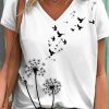 Women DJ | V-Neck Dandelion Print Casual Cotton Short Sleeve T-Shirt Photo Color