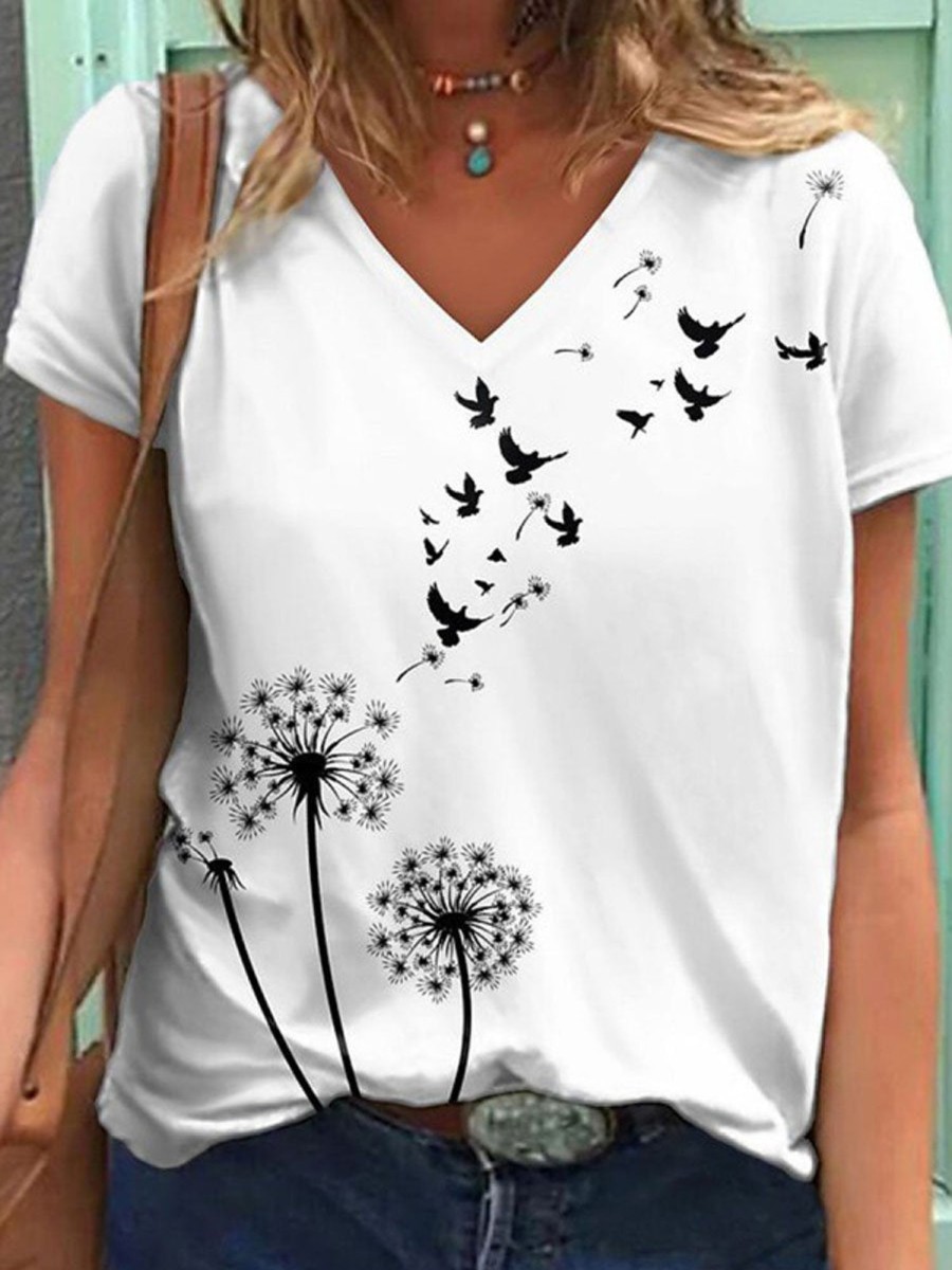 Women DJ | V-Neck Dandelion Print Casual Cotton Short Sleeve T-Shirt Photo Color