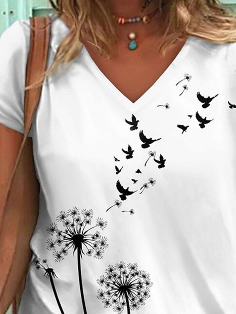 Women DJ | V-Neck Dandelion Print Casual Cotton Short Sleeve T-Shirt Photo Color