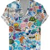 Men DJ Shirts | Sea Life Sticker Print Short-Sleeved Shirt Blue