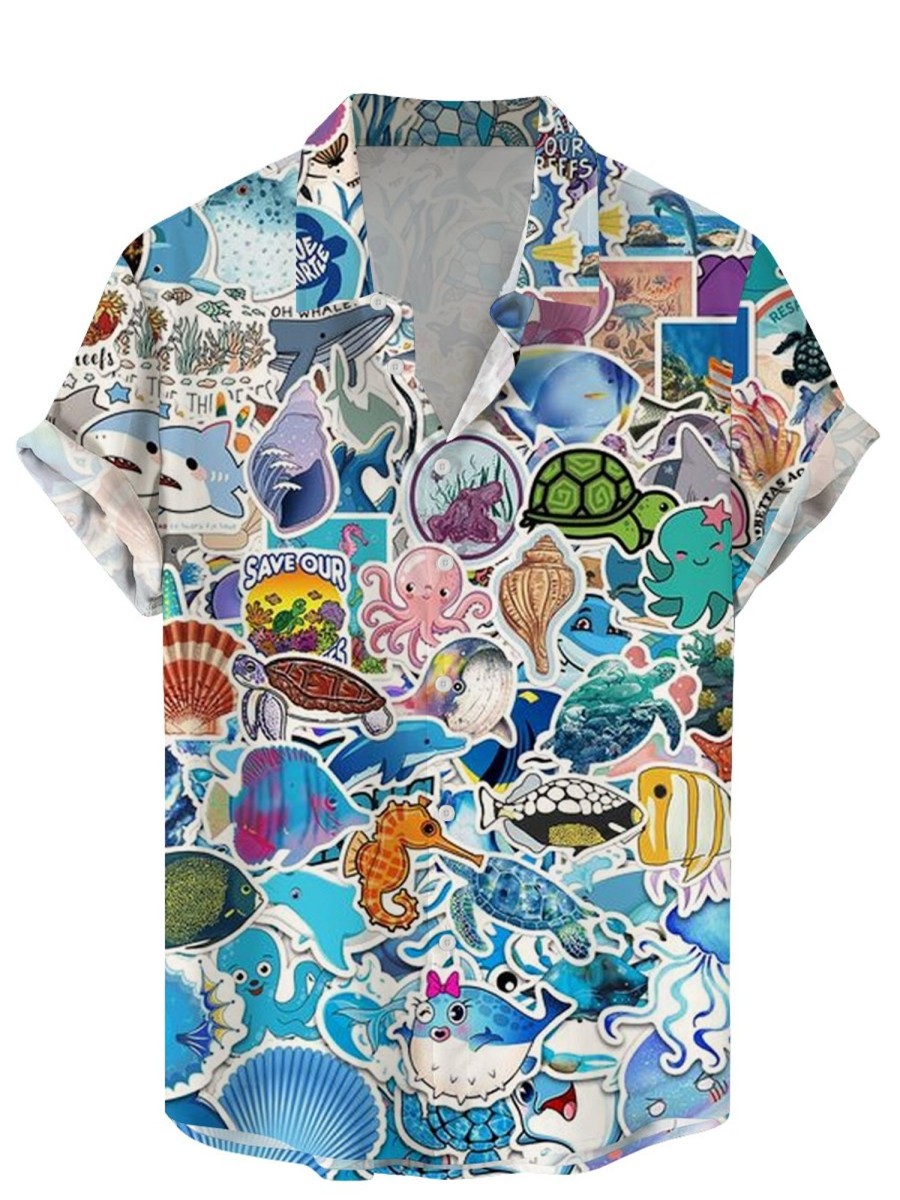 Men DJ Shirts | Sea Life Sticker Print Short-Sleeved Shirt Blue