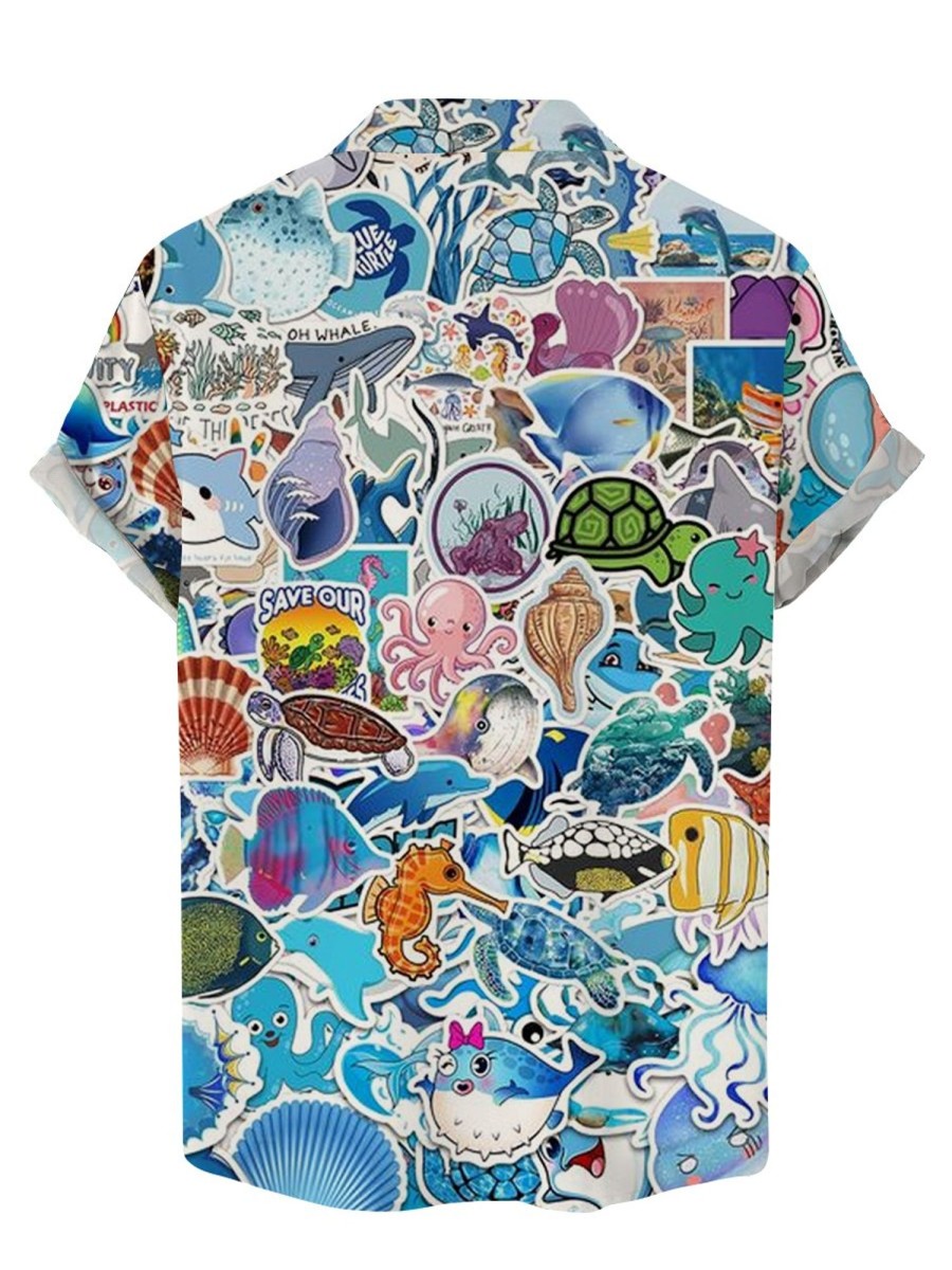 Men DJ Shirts | Sea Life Sticker Print Short-Sleeved Shirt Blue