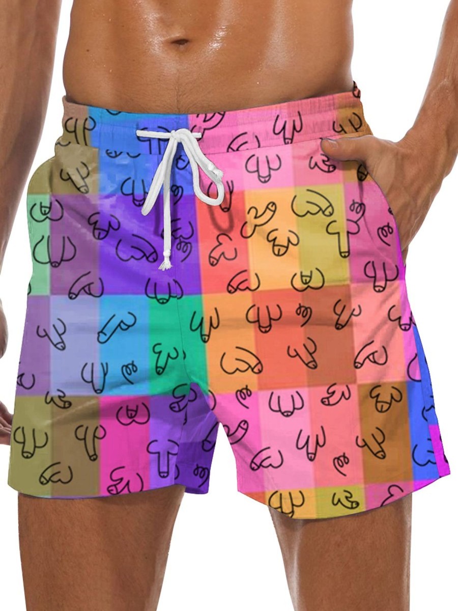 Men DJ Bottoms | Colorful Plaid And Cocks Print Pocket Track Shorts Photo Color