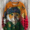 Men DJ Print Sweater | Vintage Van Gogh Cat Print Crew Neck Pullover Sweater Photo Color