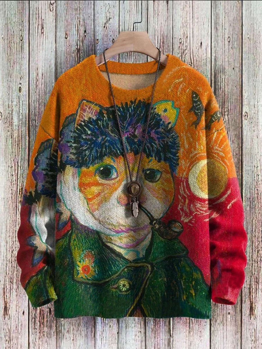 Men DJ Print Sweater | Vintage Van Gogh Cat Print Crew Neck Pullover Sweater Photo Color