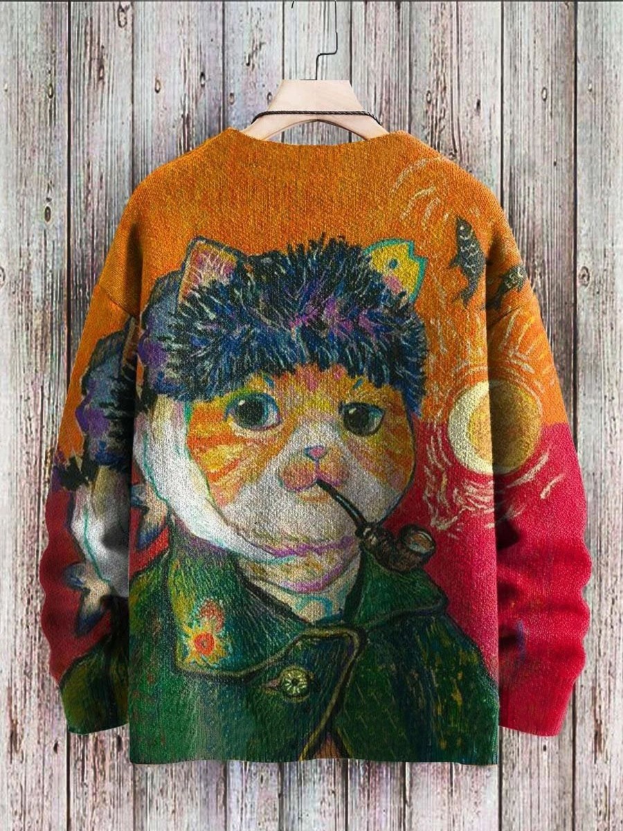 Men DJ Print Sweater | Vintage Van Gogh Cat Print Crew Neck Pullover Sweater Photo Color