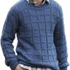 Men DJ Sweater | Round Neck Plaid Jacquard Casual Pullover Knitted Sweater Blue