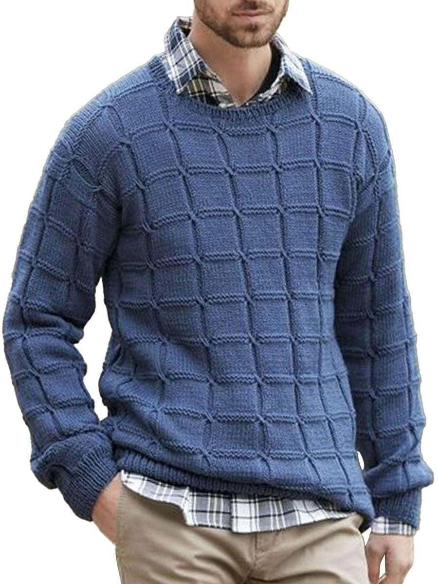 Men DJ Sweater | Round Neck Plaid Jacquard Casual Pullover Knitted Sweater Blue