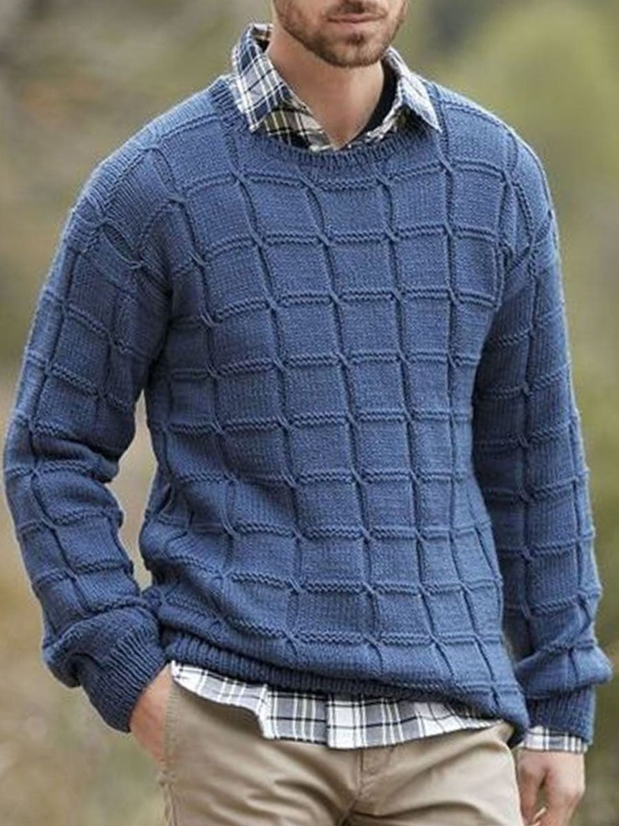 Men DJ Sweater | Round Neck Plaid Jacquard Casual Pullover Knitted Sweater Blue