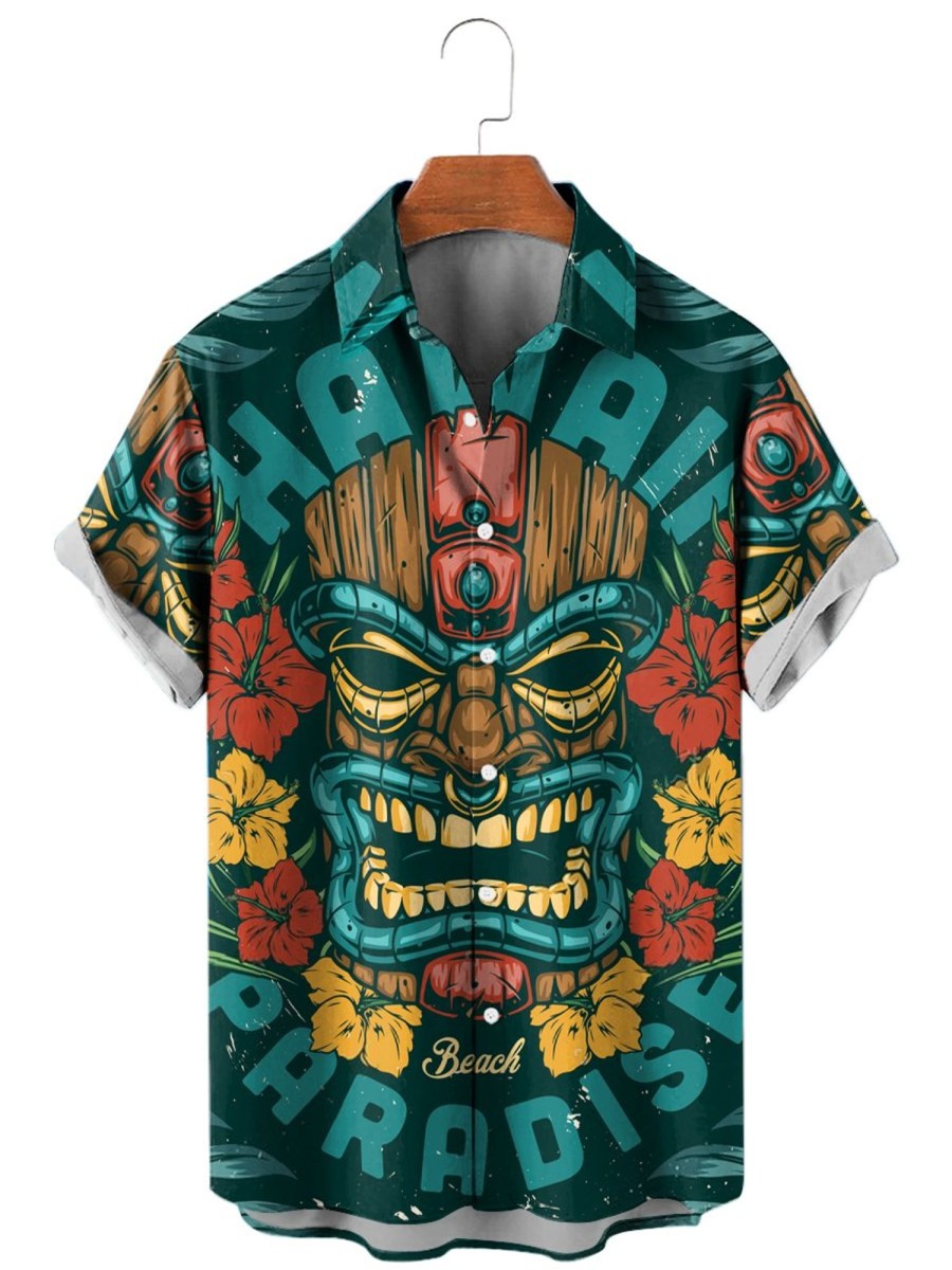 Men HLJ Shirts | Hawaiian Tiki Havaino Print Short Sleeve Shirt Blue