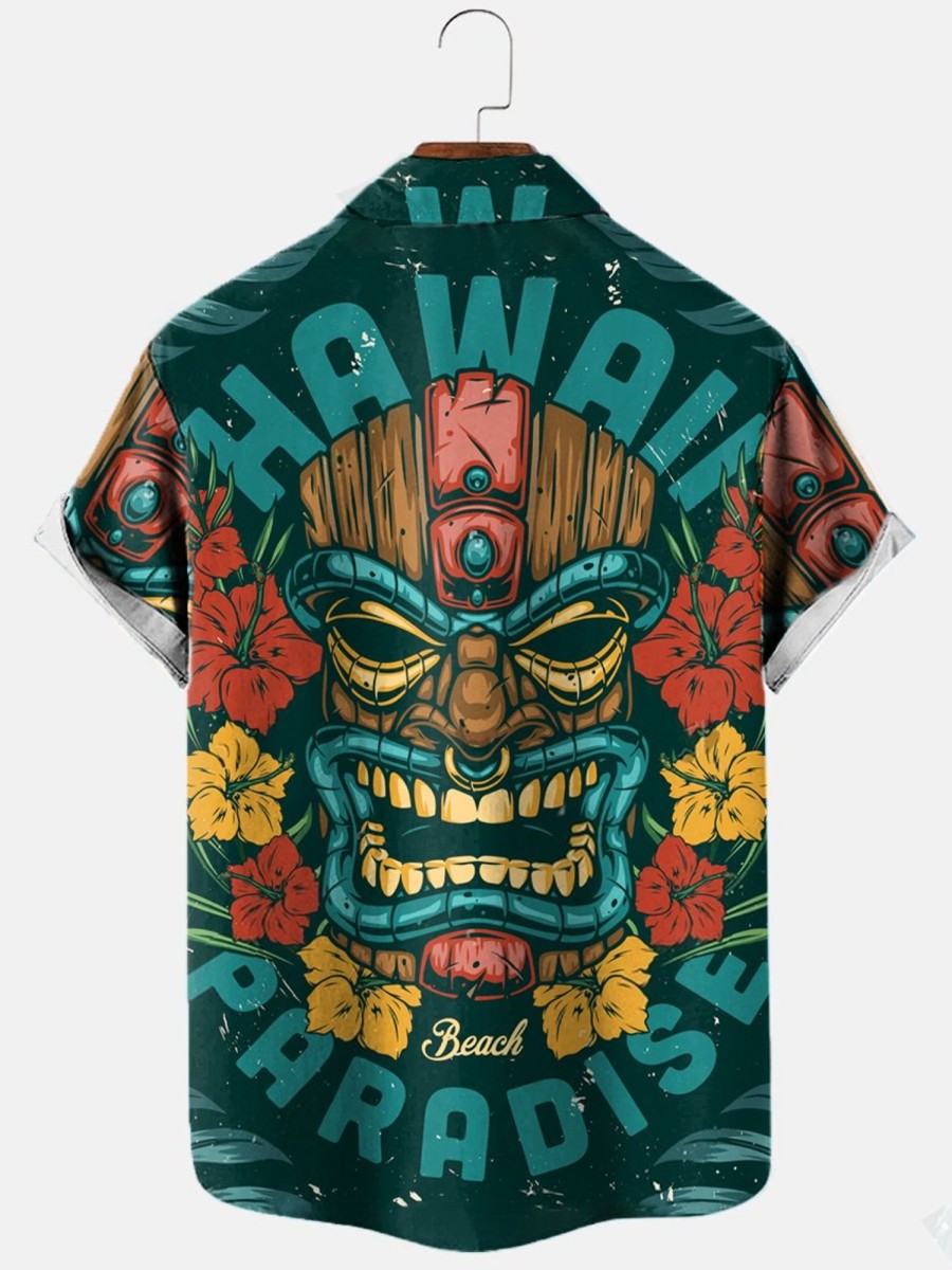 Men HLJ Shirts | Hawaiian Tiki Havaino Print Short Sleeve Shirt Blue