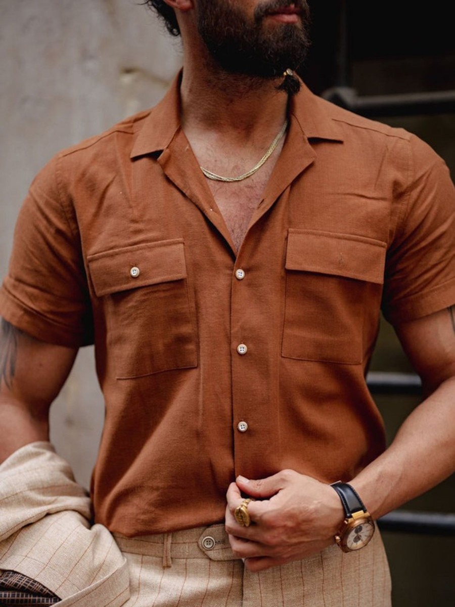 Men QMY Casual Short Sleeve Shirts | Men'S Vintage Double Pocket Short Sleeve Shirt Brown