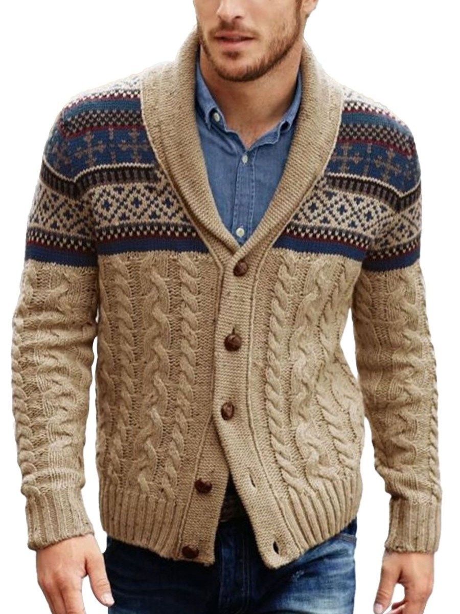 Men BXL Cardigan | Men'S Casual Ethnic Geometric Twist Patchwork Button Knitted Cardigan Khaki