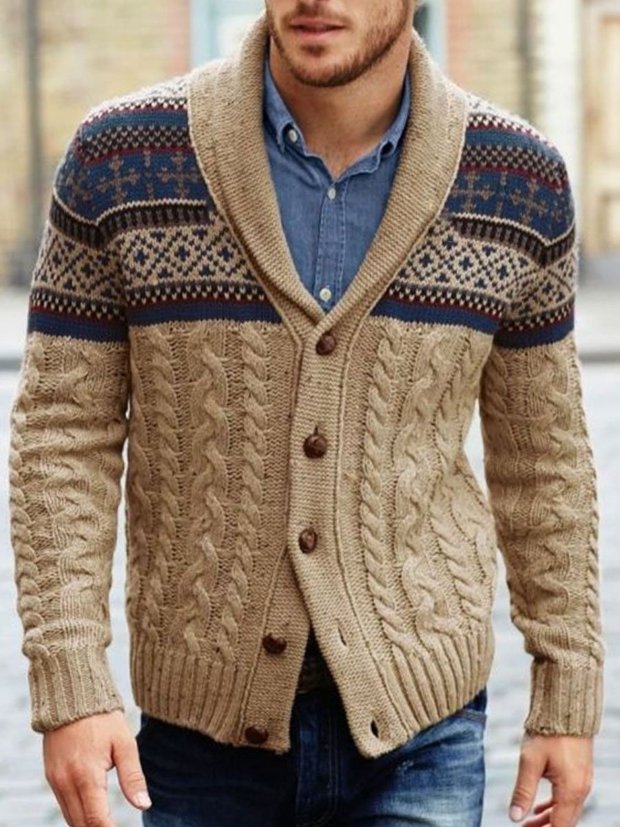 Men BXL Cardigan | Men'S Casual Ethnic Geometric Twist Patchwork Button Knitted Cardigan Khaki