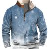 Men DJ T-Shirts | Watercolor Winter Print Velvet Stand Collar Zipper Pocket Casual Sweatshirt Blue