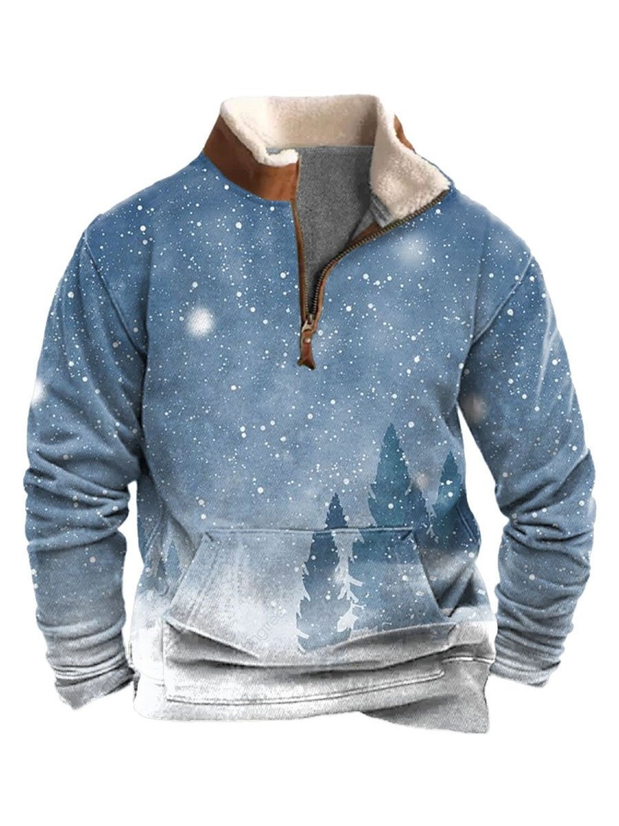 Men DJ T-Shirts | Watercolor Winter Print Velvet Stand Collar Zipper Pocket Casual Sweatshirt Blue