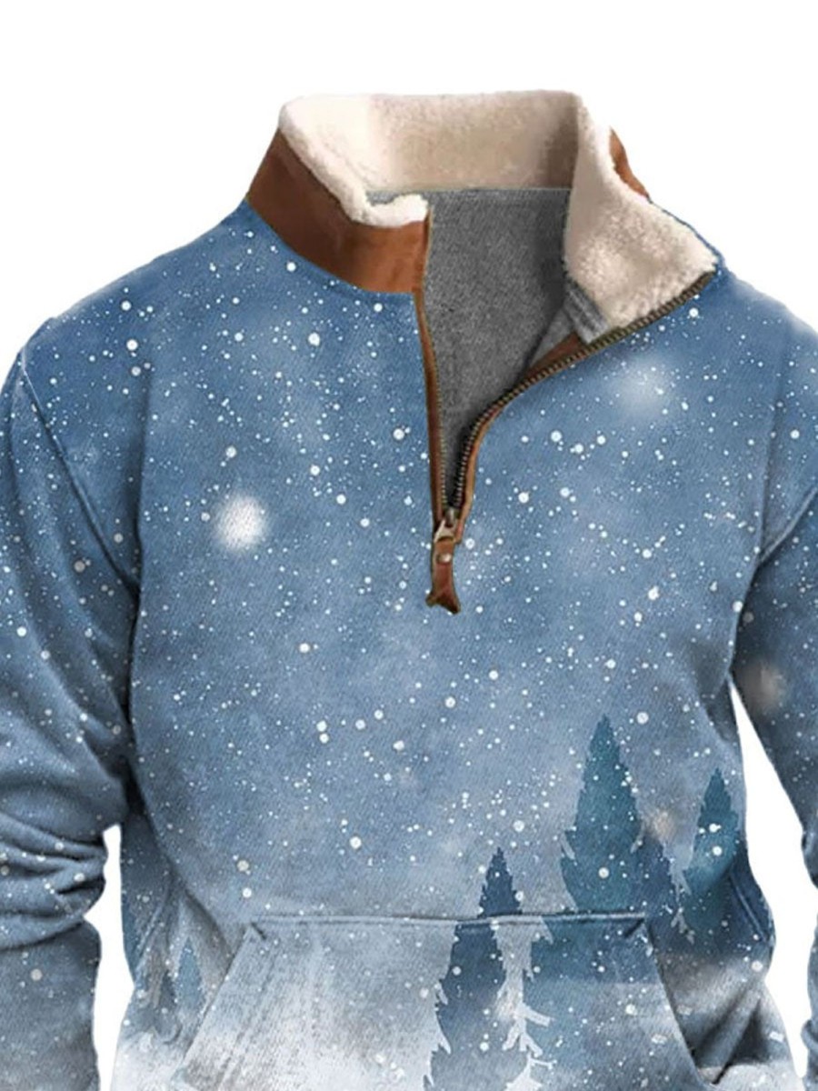 Men DJ T-Shirts | Watercolor Winter Print Velvet Stand Collar Zipper Pocket Casual Sweatshirt Blue