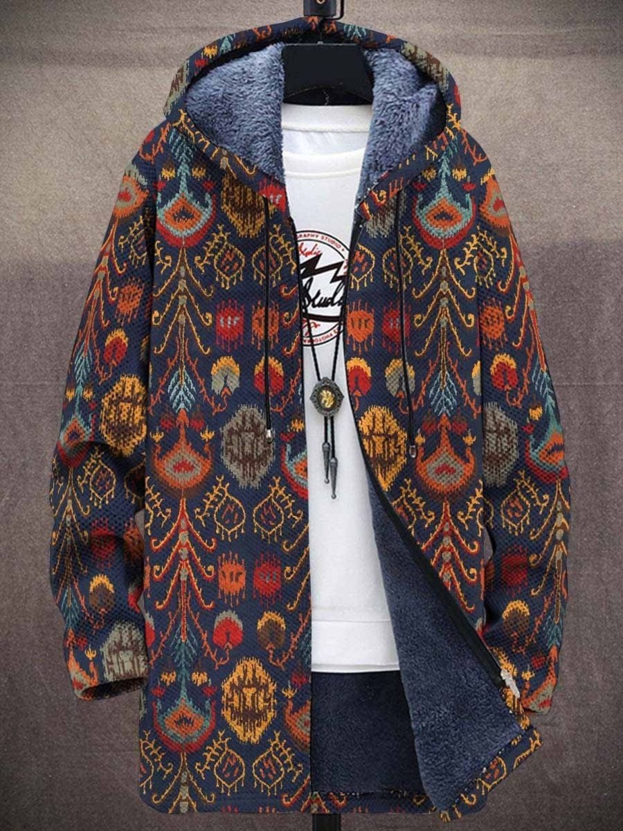 Men DJ Print Jacket | Retro Print Plush Thick Long-Sleeved Jacket Cardigan Photo Color