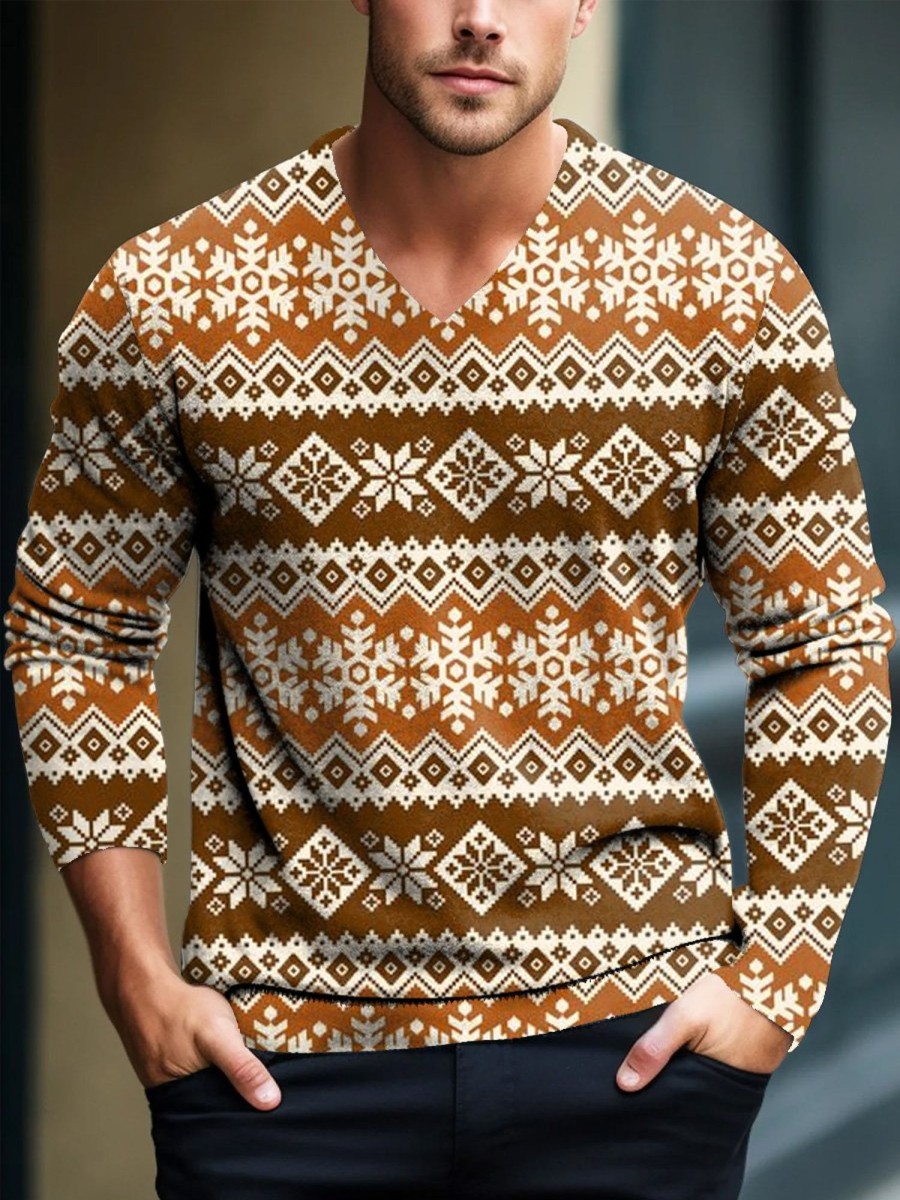 Men DJ Print Sweater | V-Neck Retro Jacquard Print Casual Pullover Knitted Sweater Photo Color