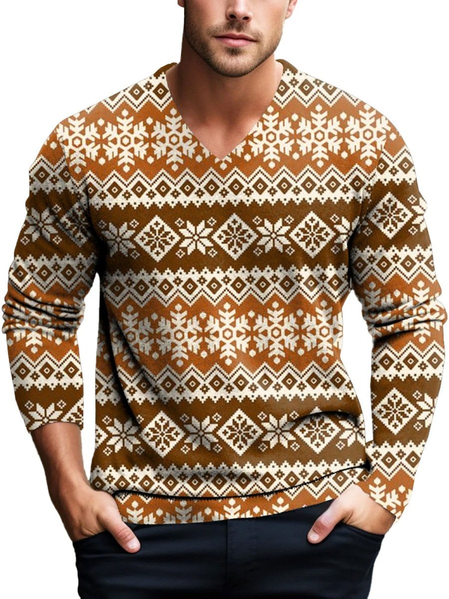 Men DJ Print Sweater | V-Neck Retro Jacquard Print Casual Pullover Knitted Sweater Photo Color