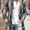 Men DJ Print Jacket | Retro Geometric Print Stand Collar Double Pocket Woolen Coat Dark Gray