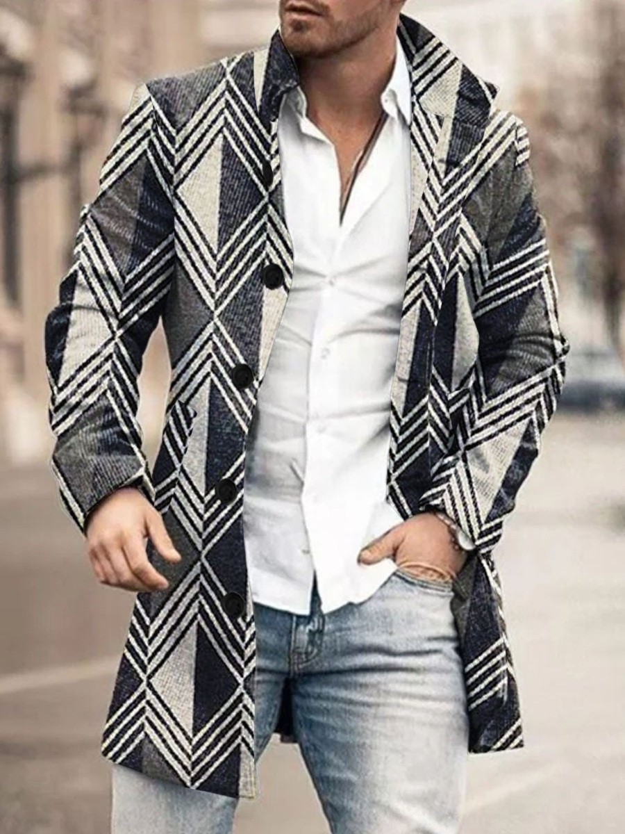 Men DJ Print Jacket | Retro Geometric Print Stand Collar Double Pocket Woolen Coat Dark Gray