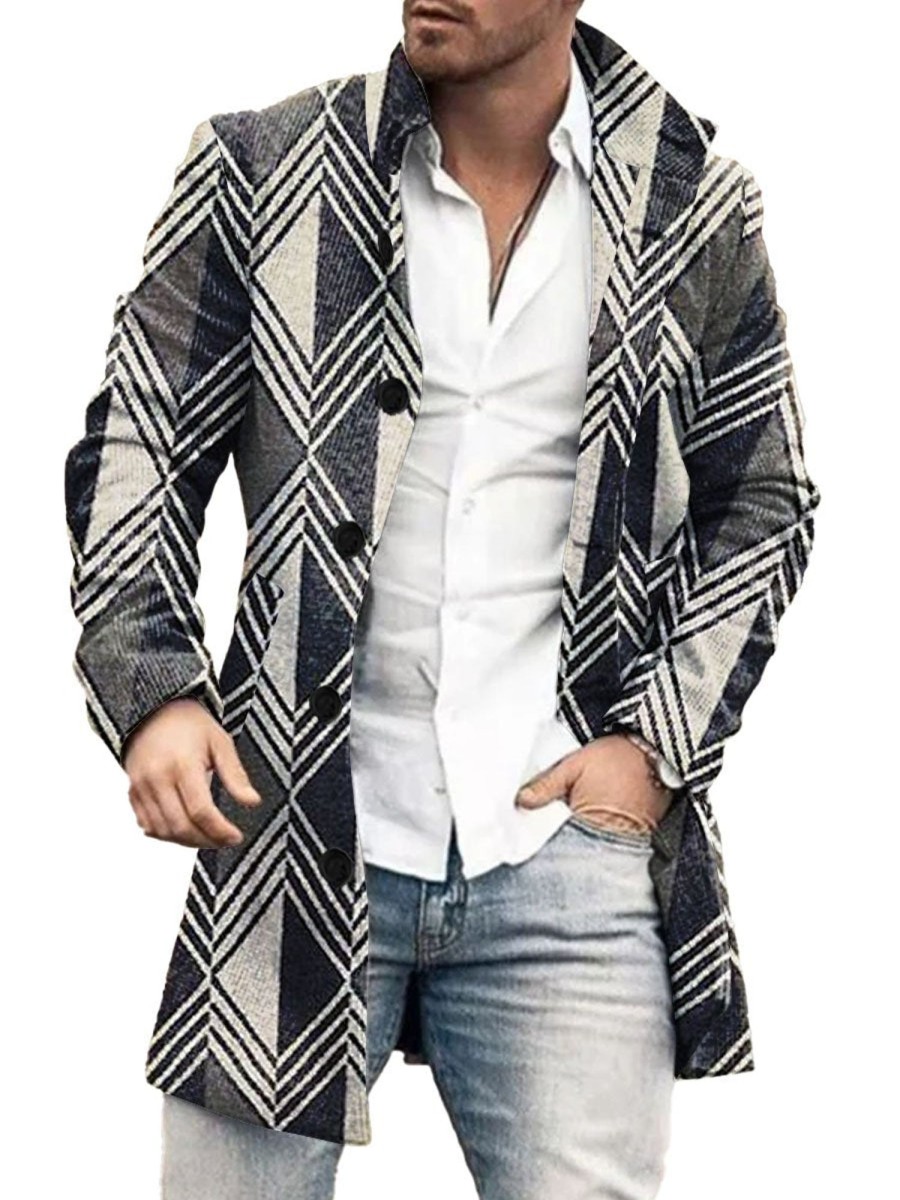 Men DJ Print Jacket | Retro Geometric Print Stand Collar Double Pocket Woolen Coat Dark Gray