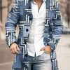 Men DJ Print Jacket | Retro Geometric Line Print Stand Collar Double Pocket Woolen Coat Blue