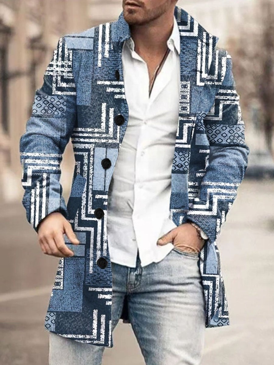 Men DJ Print Jacket | Retro Geometric Line Print Stand Collar Double Pocket Woolen Coat Blue