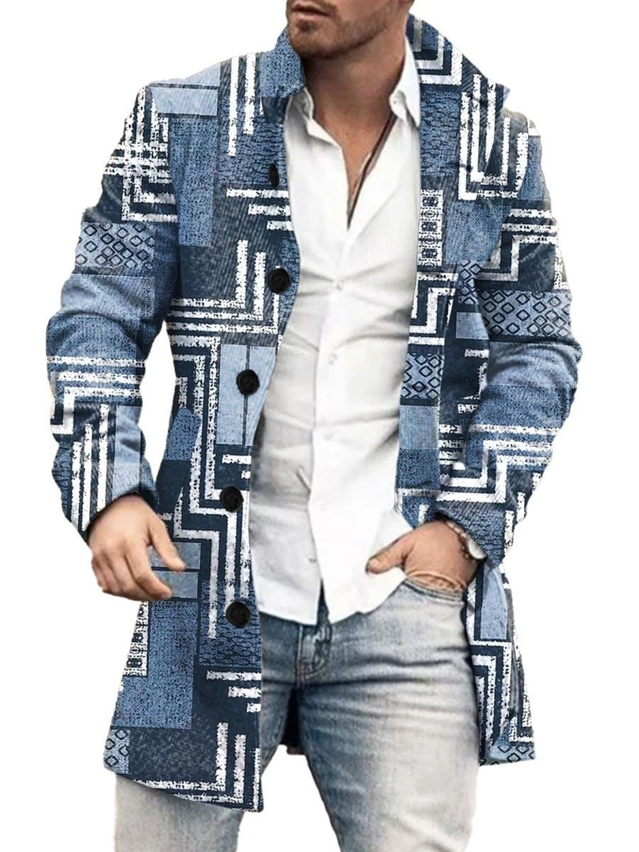 Men DJ Print Jacket | Retro Geometric Line Print Stand Collar Double Pocket Woolen Coat Blue